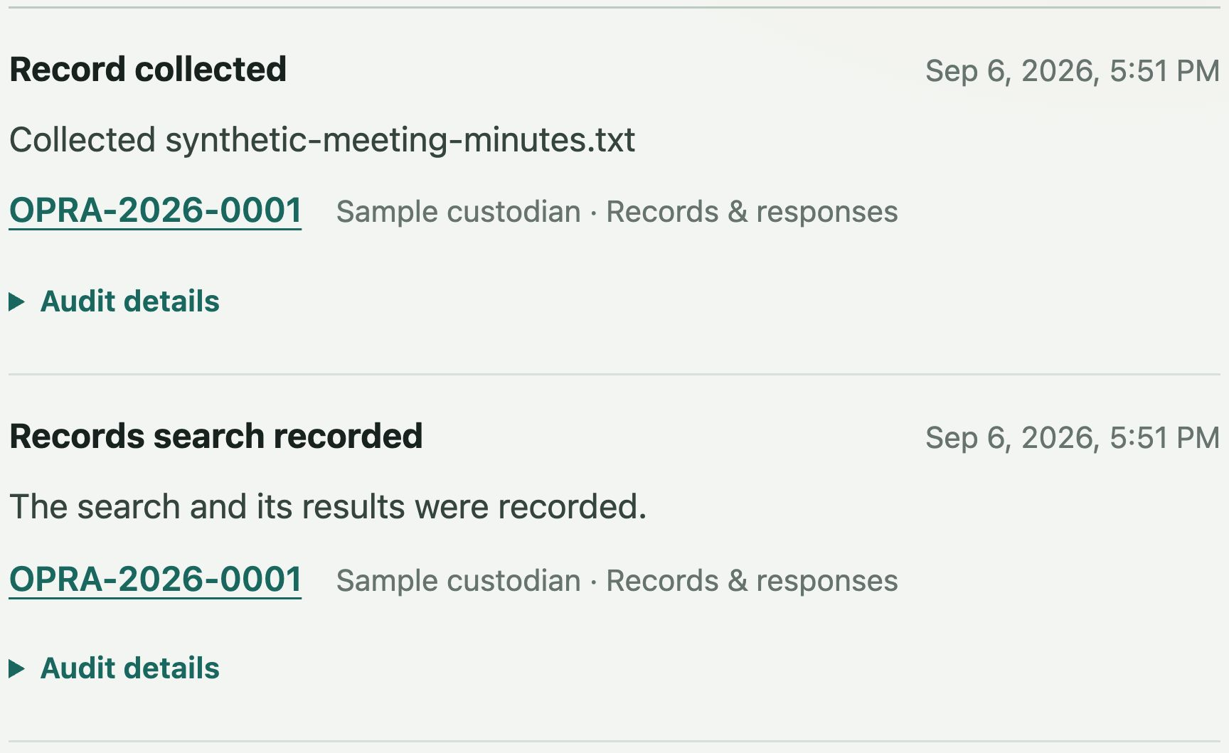 Dated activity entries linked to a synthetic public records request.