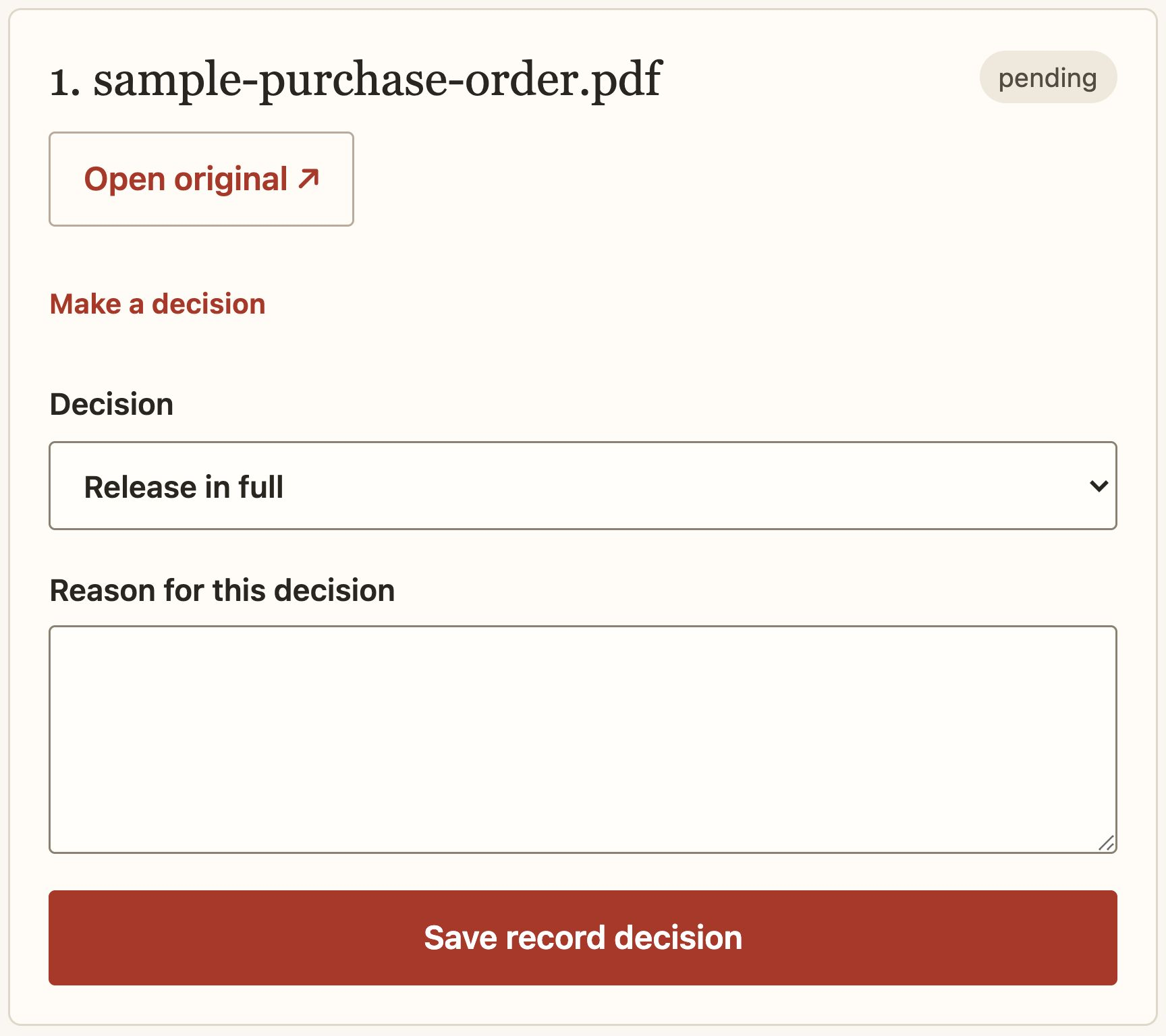 Bellwether record review with the original-file link, decision selector, reason field, and save action.